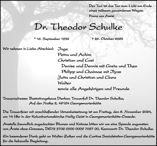 Traueranzeige von Theodor Schulke von Neue Osnabrücker Zeitung GmbH & Co. KG