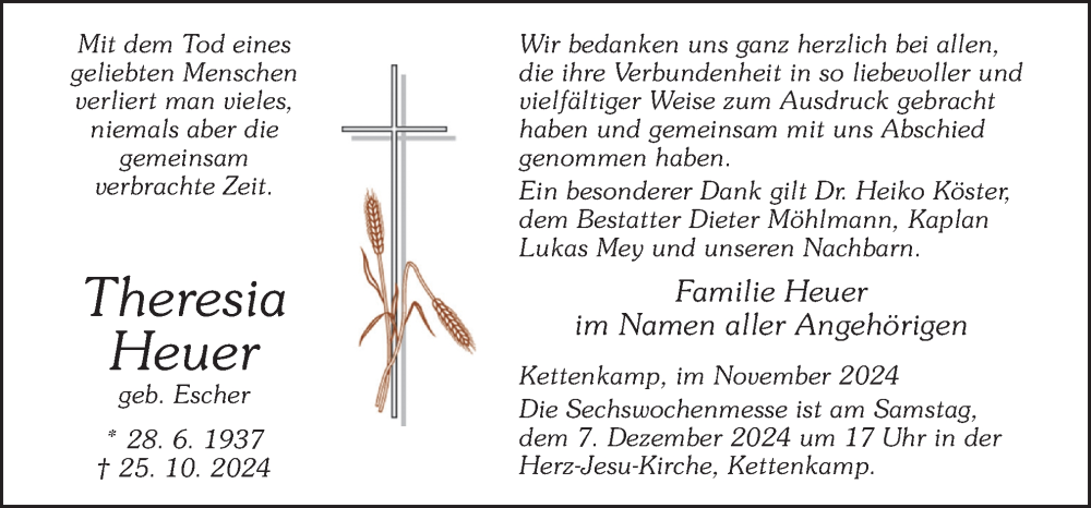  Traueranzeige für Theresia Heuer vom 30.11.2024 aus Neue Osnabrücker Zeitung GmbH & Co. KG