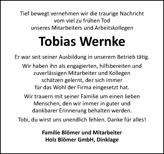 Traueranzeige von Tobias Wernke von Neue Osnabrücker Zeitung GmbH & Co. KG