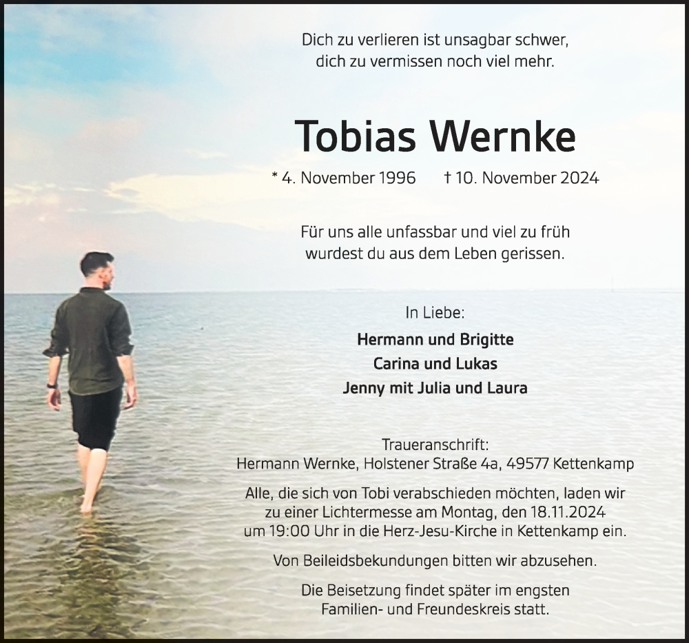  Traueranzeige für Tobias Wernke vom 16.11.2024 aus Neue Osnabrücker Zeitung GmbH & Co. KG