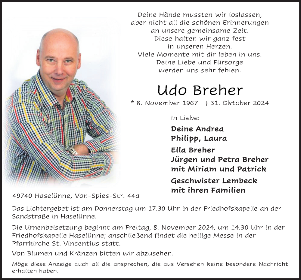  Traueranzeige für Udo Breher vom 02.11.2024 aus Neue Osnabrücker Zeitung GmbH & Co. KG