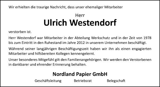 Traueranzeige von Ulrich Westendorf von Neue Osnabrücker Zeitung GmbH & Co. KG