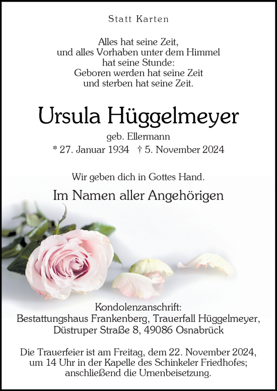 Traueranzeige von Ursula Hüggelmeyer von Neue Osnabrücker Zeitung GmbH & Co. KG