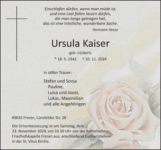 Traueranzeige von Ursula Kaiser von Neue Osnabrücker Zeitung GmbH & Co. KG