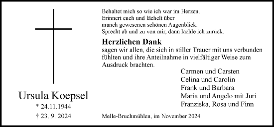 Traueranzeige von Ursula Koepsel von Neue Osnabrücker Zeitung GmbH & Co. KG