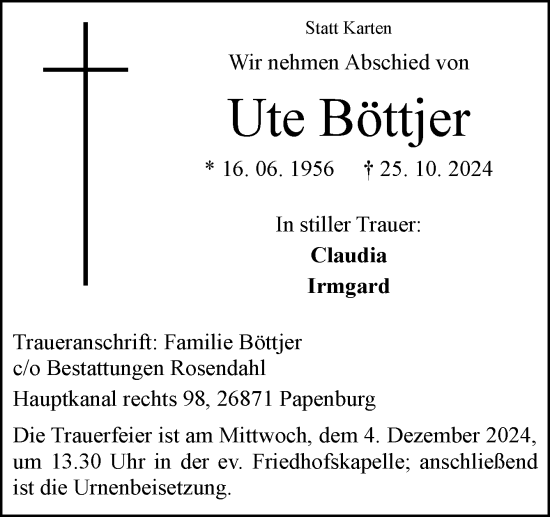 Traueranzeige von Ute Böttjer von Neue Osnabrücker Zeitung GmbH & Co. KG