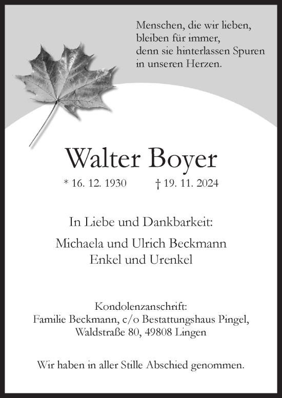 Traueranzeige von Walter Boyer von Neue Osnabrücker Zeitung GmbH & Co. KG