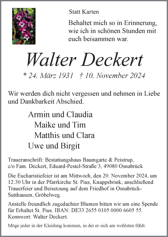 Traueranzeige von Walter Deckert von Neue Osnabrücker Zeitung GmbH & Co. KG