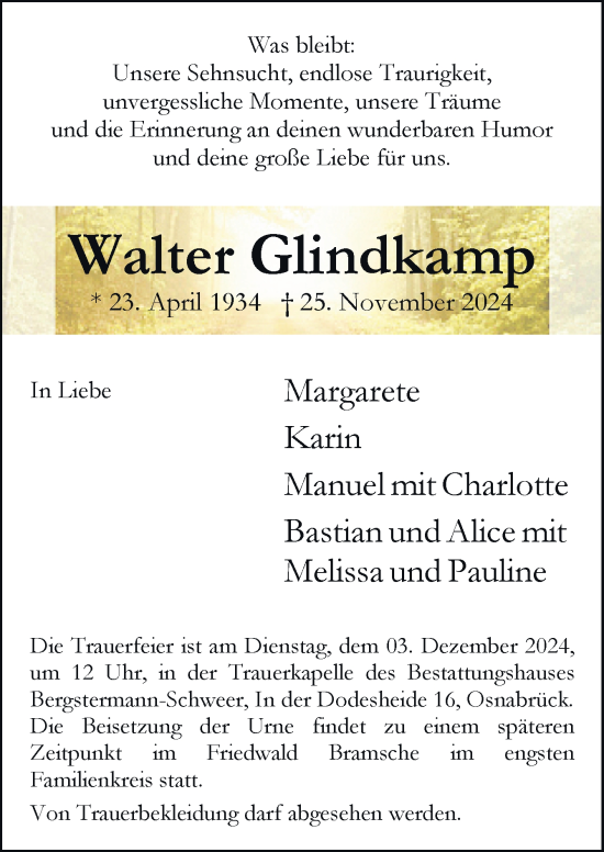 Traueranzeige von Walter Glindkamp von Neue Osnabrücker Zeitung GmbH & Co. KG