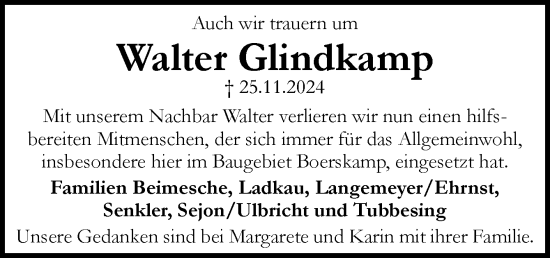 Traueranzeige von Walter Glindkamp von Neue Osnabrücker Zeitung GmbH & Co. KG