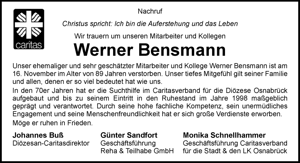 Traueranzeige für Werner Bensmann vom 23.11.2024 aus Neue Osnabrücker Zeitung GmbH & Co. KG