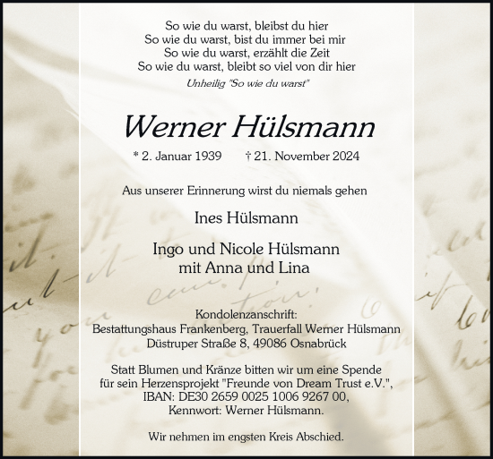 Traueranzeige von Werner Hülsmann von Neue Osnabrücker Zeitung GmbH & Co. KG