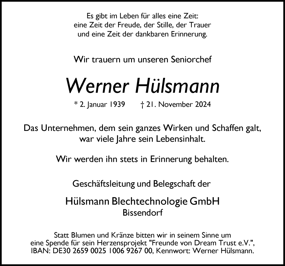  Traueranzeige für Werner Hülsmann vom 30.11.2024 aus Neue Osnabrücker Zeitung GmbH & Co. KG