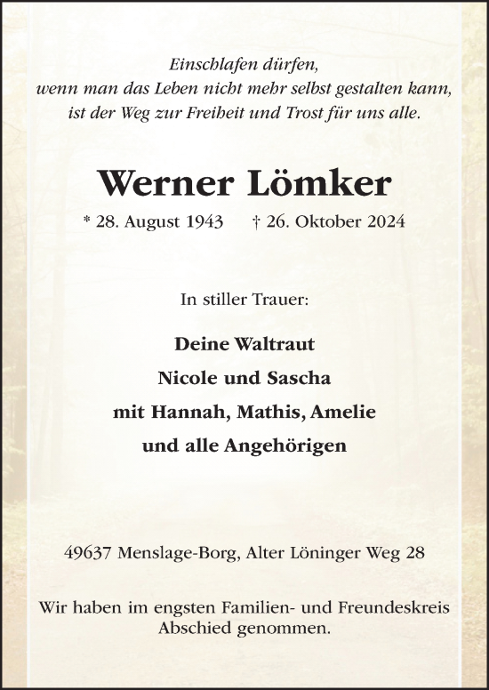 Traueranzeige von Werner Lömker von Neue Osnabrücker Zeitung GmbH & Co. KG