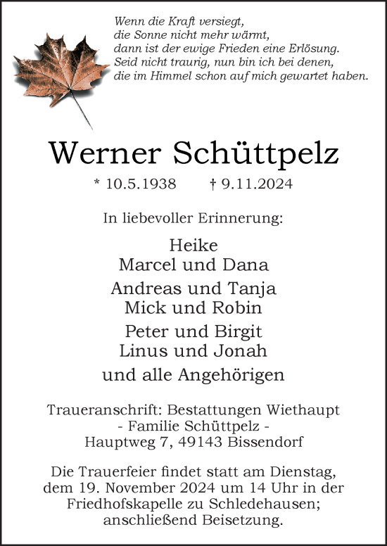 Traueranzeige von Werner Schüttpelz von Neue Osnabrücker Zeitung GmbH & Co. KG