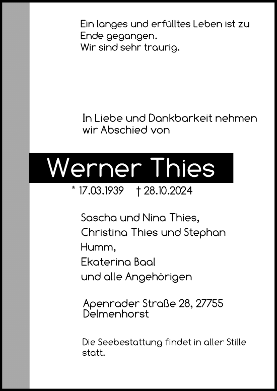 Traueranzeige von Werner Thies von DK Medien GmbH & Co. KG