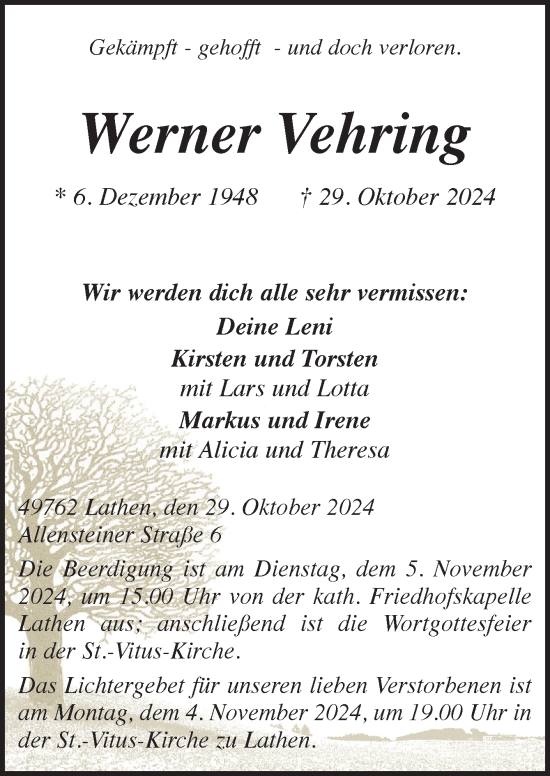 Traueranzeige von Werner Vehring von Neue Osnabrücker Zeitung GmbH & Co. KG