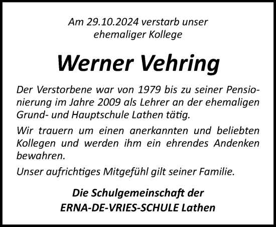 Traueranzeige von Werner Vehring von Neue Osnabrücker Zeitung GmbH & Co. KG