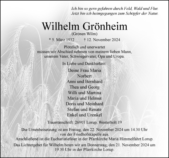 Traueranzeige von Wilhelm Grönheim von Neue Osnabrücker Zeitung GmbH & Co. KG