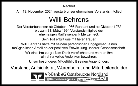 Traueranzeige von Willi Behrens von Neue Osnabrücker Zeitung GmbH & Co. KG