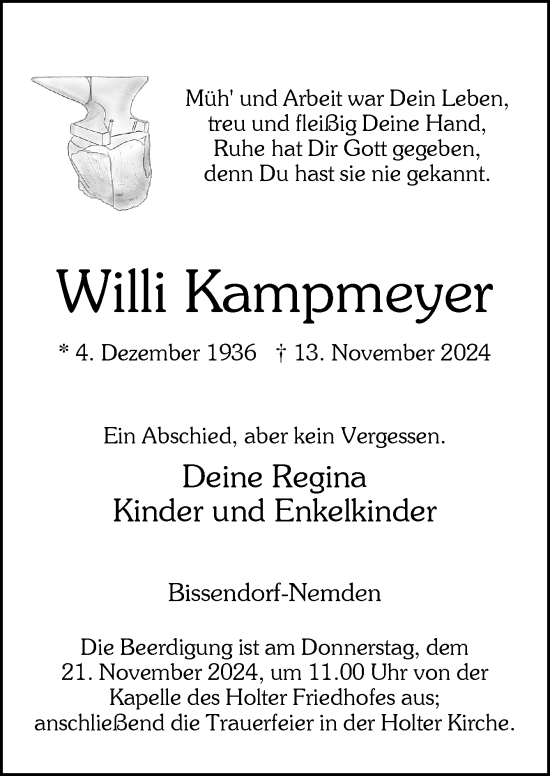 Traueranzeige von Willi Kampmeyer von Neue Osnabrücker Zeitung GmbH & Co. KG