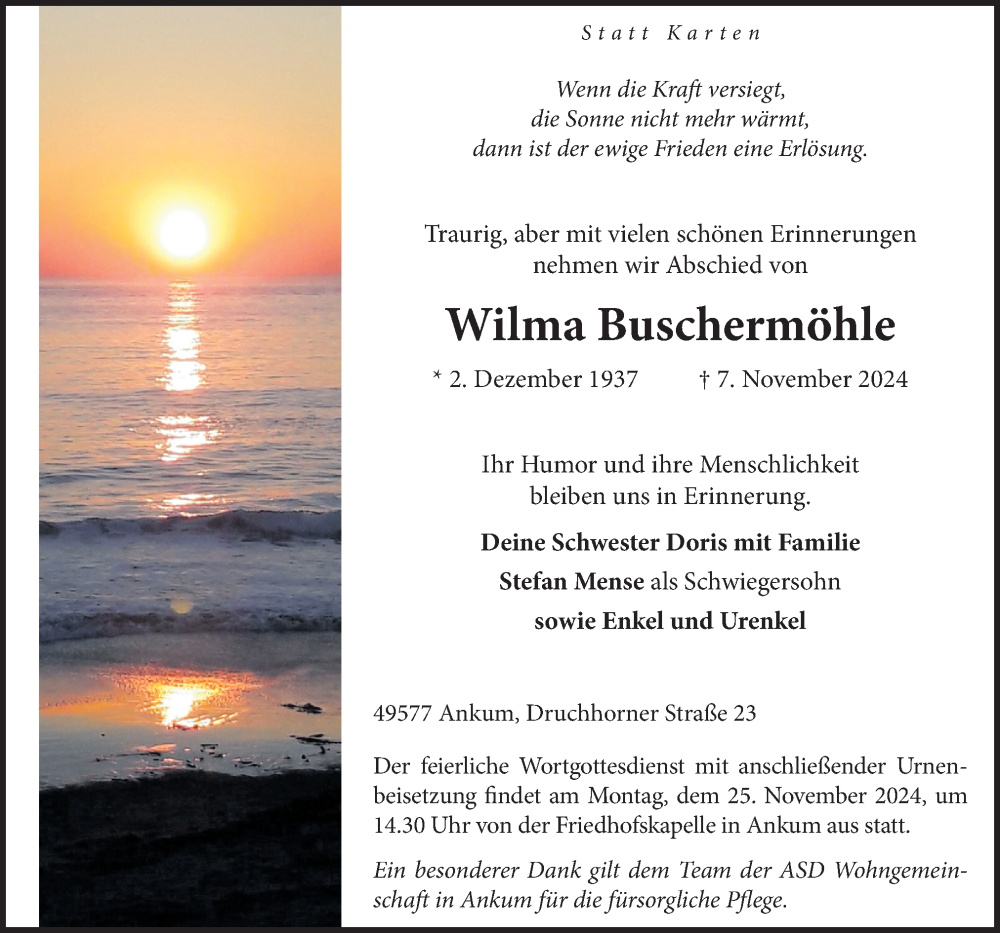  Traueranzeige für Wilma Buschermöhle vom 22.11.2024 aus Neue Osnabrücker Zeitung GmbH & Co. KG