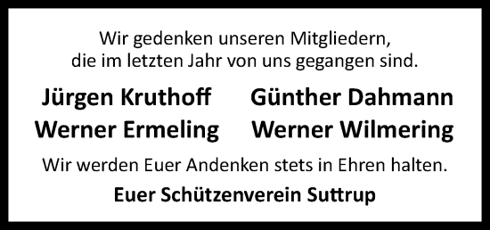 Traueranzeige von Wir gedenken Euer Schützenverein Suttrup von Neue Osnabrücker Zeitung GmbH & Co. KG