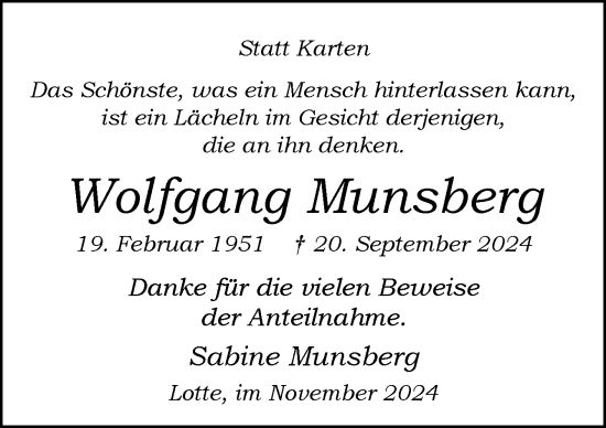 Traueranzeige von Wolfgang Munsberg von Neue Osnabrücker Zeitung GmbH & Co. KG