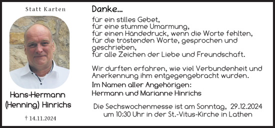 Traueranzeige von Hans-Hermann Hinrichs von Neue Osnabrücker Zeitung GmbH & Co. KG
