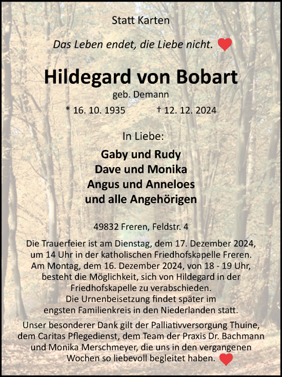 Traueranzeige von Hildegard von Bobart von Neue Osnabrücker Zeitung GmbH & Co. KG