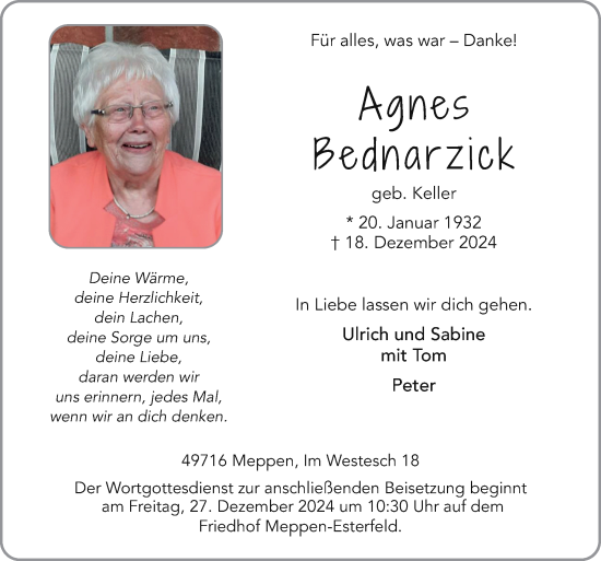 Traueranzeige von Agnes Bednarzick von Neue Osnabrücker Zeitung GmbH & Co. KG