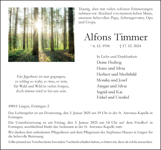 Traueranzeige von Alfons Timmer von Neue Osnabrücker Zeitung GmbH & Co. KG