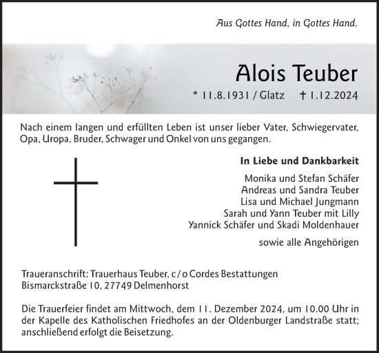 Traueranzeige von Alois Teuber von DK Medien GmbH & Co. KG