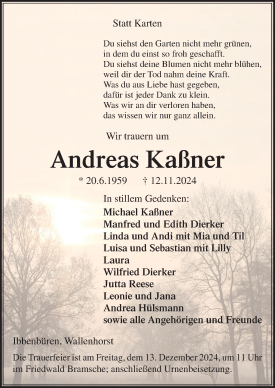 Traueranzeige von Andreas Kaßner von Neue Osnabrücker Zeitung GmbH & Co. KG