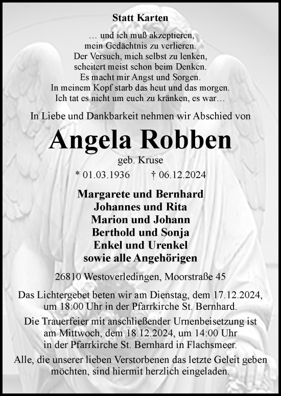 Traueranzeige von Angela Robben von Neue Osnabrücker Zeitung GmbH & Co. KG