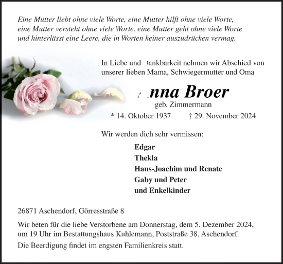 Traueranzeige von Anna Broer von Neue Osnabrücker Zeitung GmbH & Co. KG