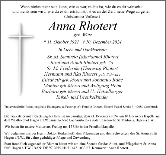 Traueranzeige von Anna Rhotert von Neue Osnabrücker Zeitung GmbH & Co. KG