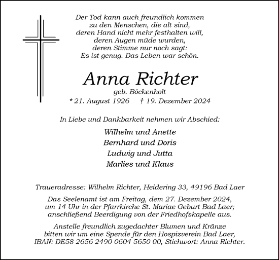 Traueranzeige von Anna Richter von Neue Osnabrücker Zeitung GmbH & Co. KG