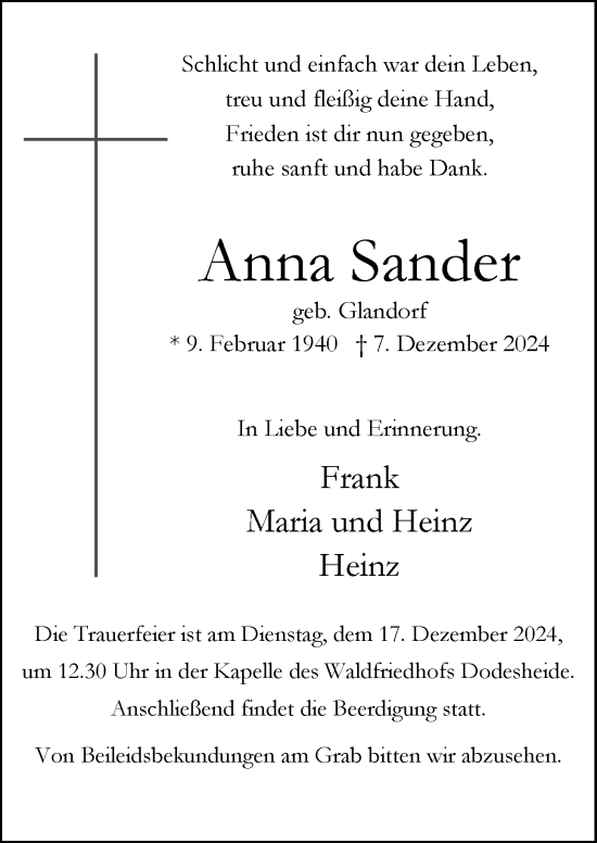 Traueranzeige von Anna Sander von Neue Osnabrücker Zeitung GmbH & Co. KG