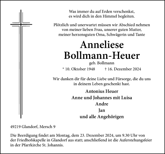 Traueranzeige von Anneliese Bollmann-Heuer von Neue Osnabrücker Zeitung GmbH & Co. KG