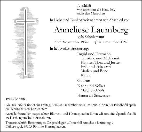 Traueranzeige von Anneliese Laumberg von Neue Osnabrücker Zeitung GmbH & Co. KG