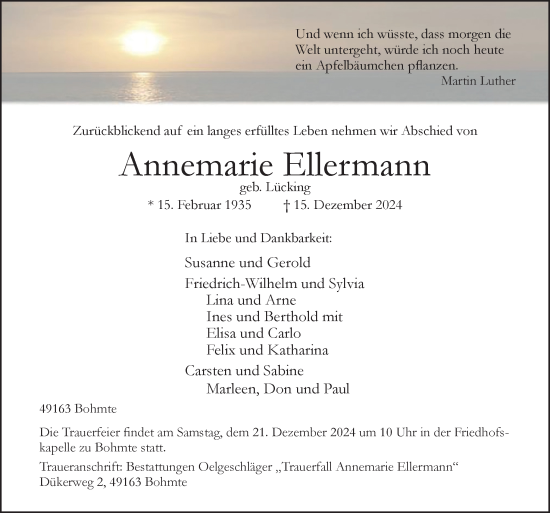 Traueranzeige von Annemarie Ellermann von Neue Osnabrücker Zeitung GmbH & Co. KG