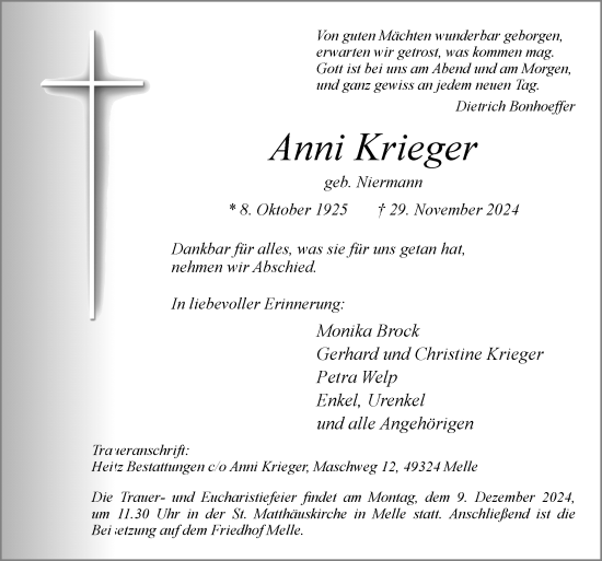 Traueranzeige von Anni Krieger von Neue Osnabrücker Zeitung GmbH & Co. KG