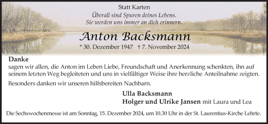 Traueranzeige von Anton Backsmann von Neue Osnabrücker Zeitung GmbH & Co. KG