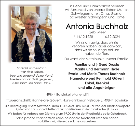 Traueranzeige von Antonia Buchholz von Neue Osnabrücker Zeitung GmbH & Co. KG