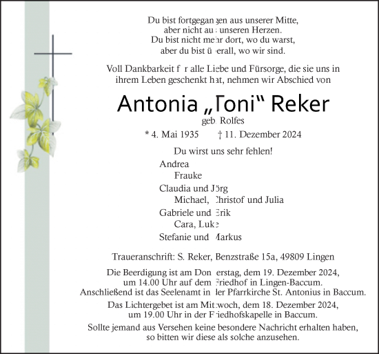 Traueranzeige von Antonia Reker von Neue Osnabrücker Zeitung GmbH & Co. KG