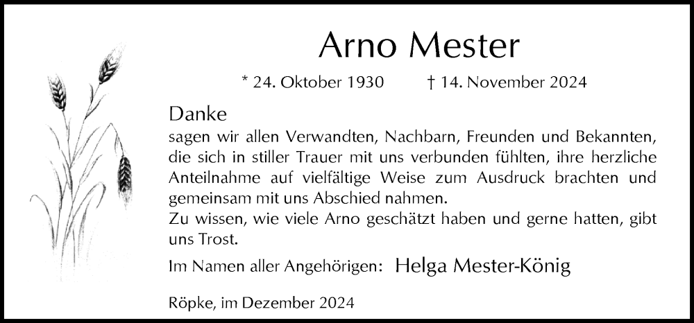  Traueranzeige für Arno Mester vom 28.12.2024 aus Neue Osnabrücker Zeitung GmbH & Co. KG