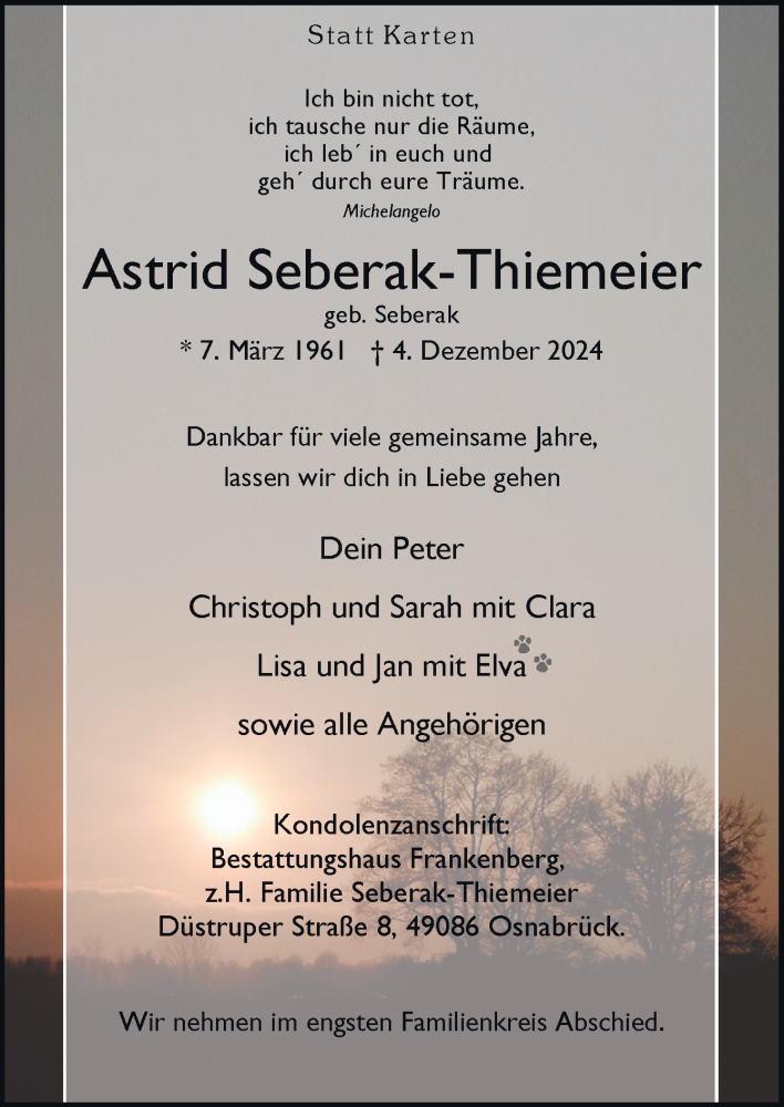  Traueranzeige für Astrid Seberak-Thiemeier vom 14.12.2024 aus Neue Osnabrücker Zeitung GmbH & Co. KG