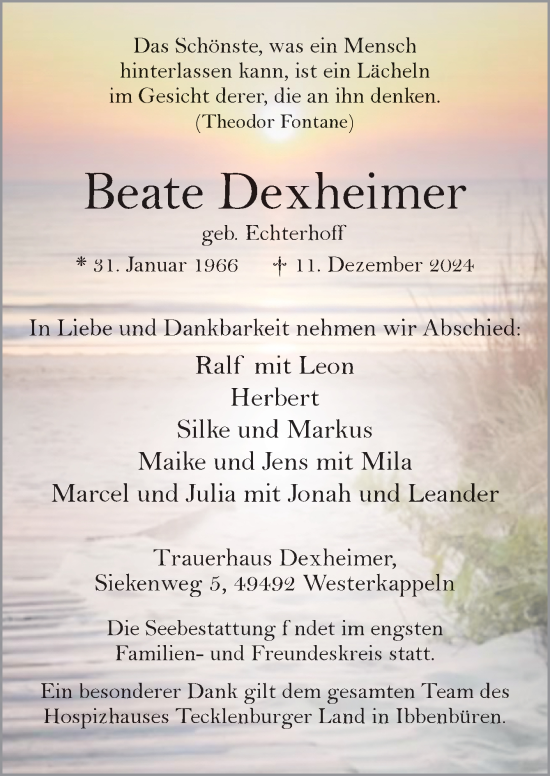 Traueranzeige von Beate Dexheimer von Neue Osnabrücker Zeitung GmbH & Co. KG