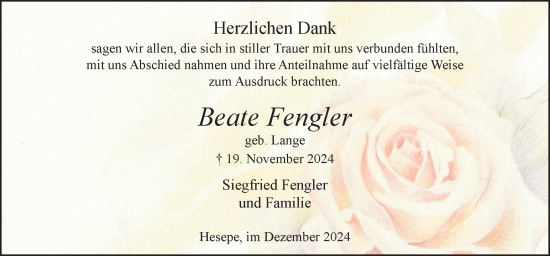 Traueranzeige von Beate Fengler von Neue Osnabrücker Zeitung GmbH & Co. KG